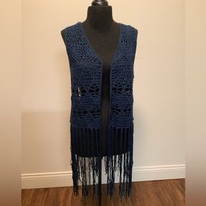 Vintage America women’s blue hippie boho Y2K retro fringe crochet vest